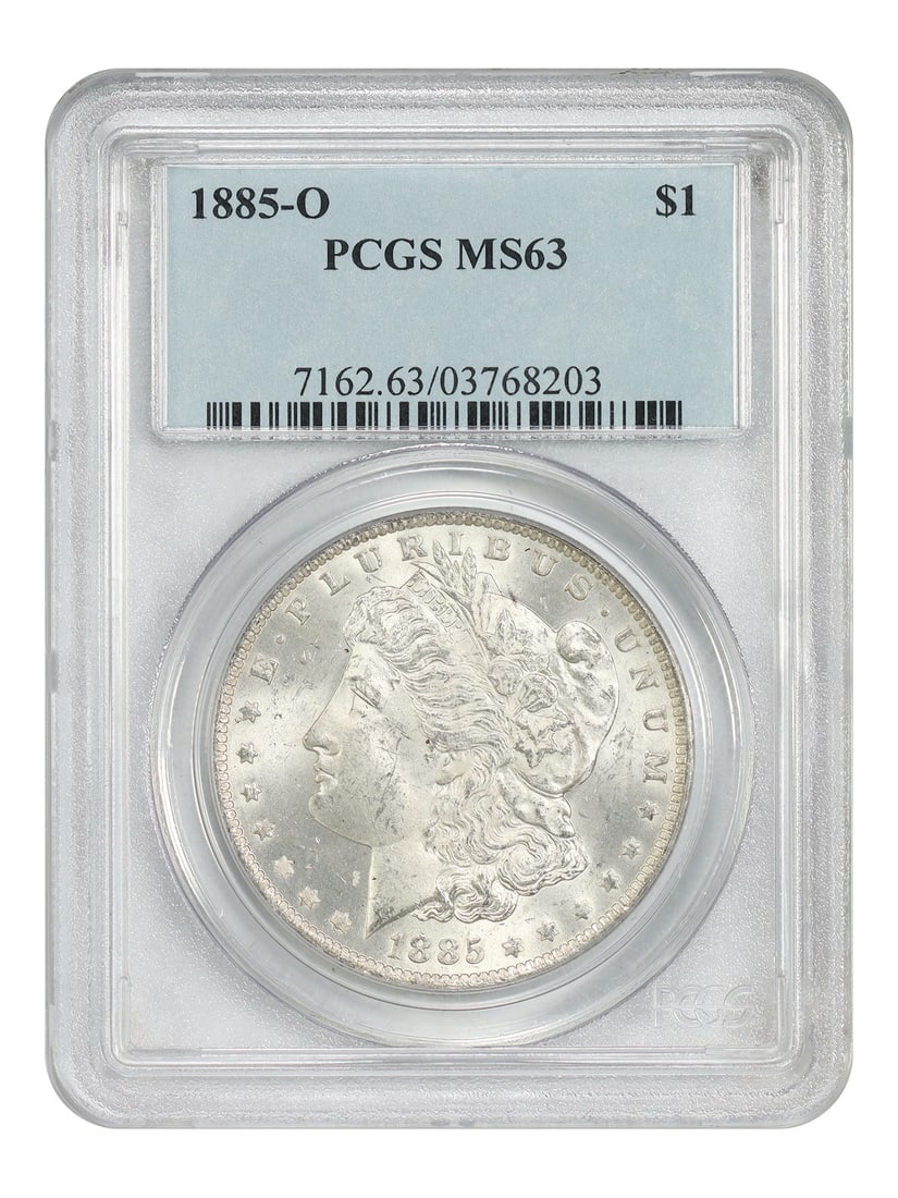 1885-O Morgan Silver Dollar PCGS MS63 New Orleans Mint: 1885-O Morgan Silver Dollar PCGS MS63 New Orleans Mint This 1885-O Morgan Dollar is graded MS63 by PCGS and was minted in New Orleans. It is an uncirculated $1 coin from the popular Morgan Dollar seri