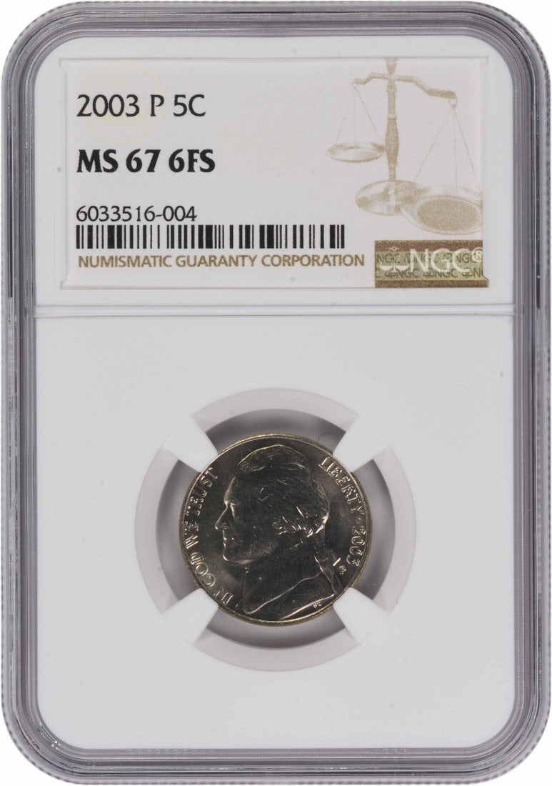 2003 Jefferson Nickel MS67 NGC 6 Full Steps Philadelphia Mint: 2003 Jefferson Nickel MS67 NGC 6 Full Steps Philadelphia Mint This 2003-P Jefferson Nickel is graded MS67 6FS by NGC, indicating a high-quality, uncirculated coin with six full steps. Minted in Philad