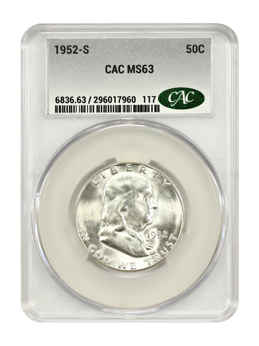 1952 San Francisco Mint Franklin Half Dollar CACG MS63 Certified: 1952 San Francisco Mint Franklin Half Dollar CACG MS63 Certified This 1952-S Franklin Half Dollar is a certified uncirculated coin graded MS63 by CAC Grading. Minted in San Francisco, it is part of th