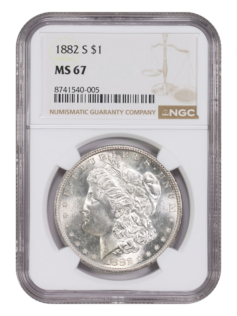 NGC MS67 1882 San Francisco Morgan Silver Dollar: NGC MS67 1882 San Francisco Morgan Silver Dollar This 1882-S Morgan Dollar is certified by NGC with a grade of MS67, indicating it is in uncirculated condition. Minted in San Francisco, this coin is r
