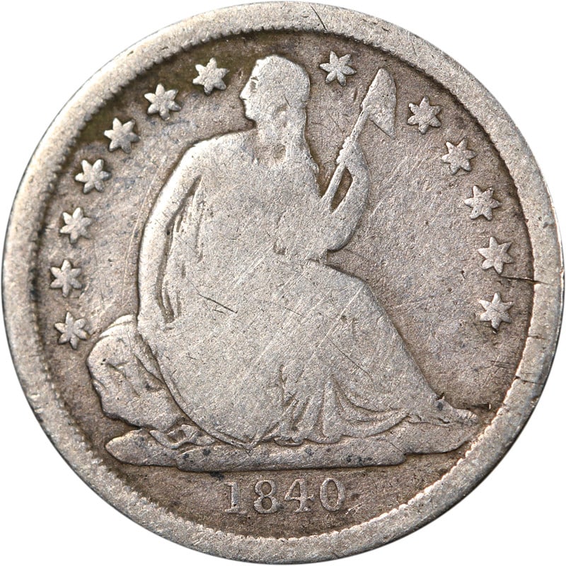 Silver Dime Minted in New Orleans 1840 Circulated Seated Liberty: Silver Dime Minted in New Orleans 1840 Circulated Seated Liberty This is an 1840-O Seated Liberty Dime struck at the New Orleans Mint. The coin is composed of silver and is circulated. It is uncertifi