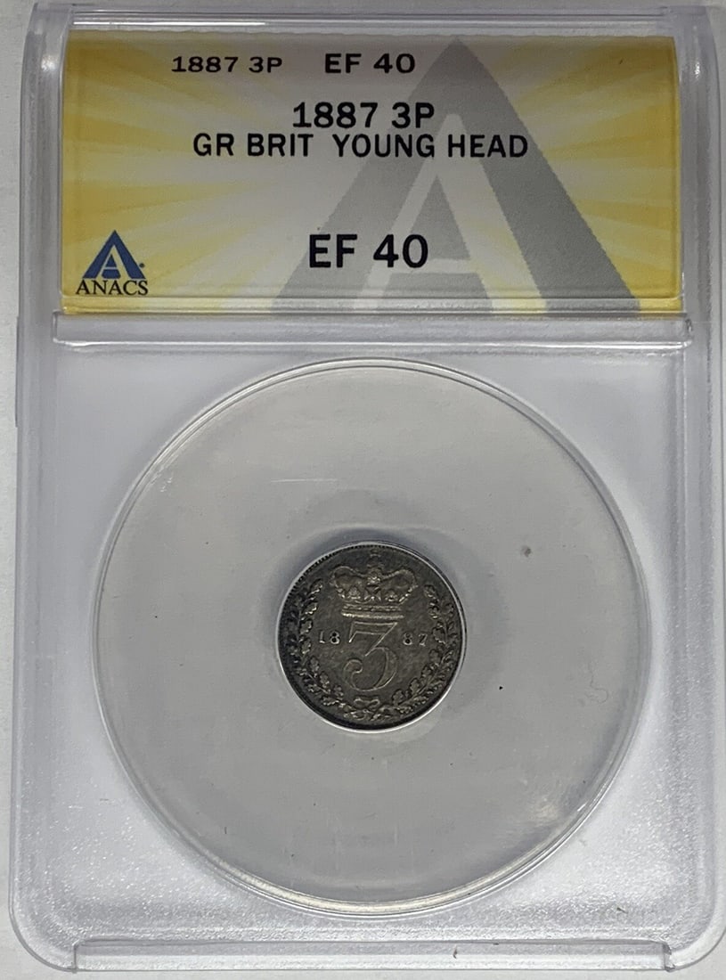 ANACS XF 40 United Kingdom 1887 3 Pence Young Head Coin (1 of 2)