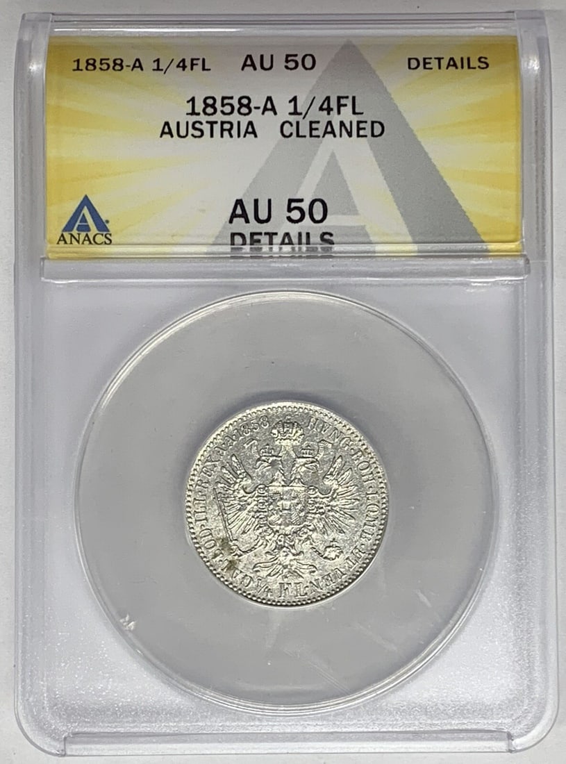 Silver 1858-A Austria 1/4 Florin ANACS AU 50 Certified Cleaned Coin: Silver 1858-A Austria 1/4 Florin ANACS AU 50 Certified Cleaned Coin This 1858-A Austria 1/4 Florin coin is composed of silver and graded AU 50 by ANACS. It has been noted as cleaned. This pre-owned co