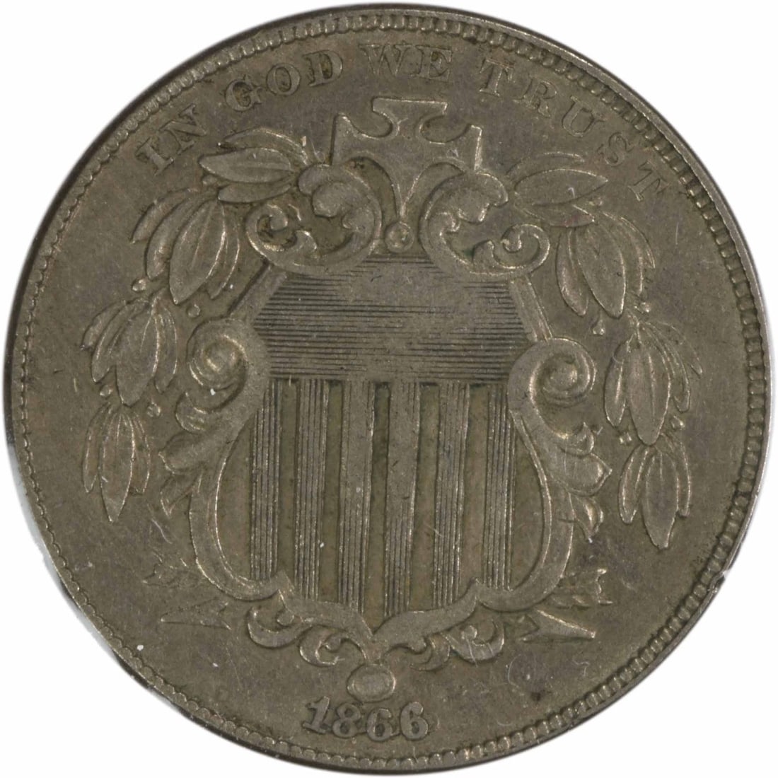 1866 Shield Nickel AU Uncertified James Barton Longacre 5C Coin: 1866 Shield Nickel AU Uncertified James Barton Longacre 5C Coin This 1866 Shield Nickel is a striking piece of numismatic history, featuring a design by James Barton Longacre. The coin, which is in AU