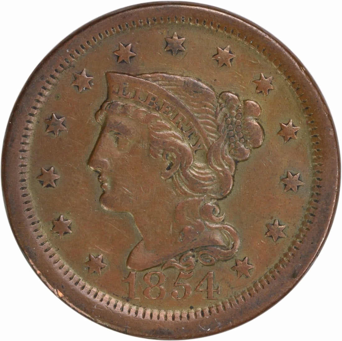1854 Philadelphia Large Cent Braided Hair EF Copper Coin: 1854 Philadelphia Large Cent Braided Hair EF Copper Coin This 1854 Large Cent features the Braided Hair design, crafted from copper and minted in Philadelphia. It holds an EF (Extremely Fine) grade, i