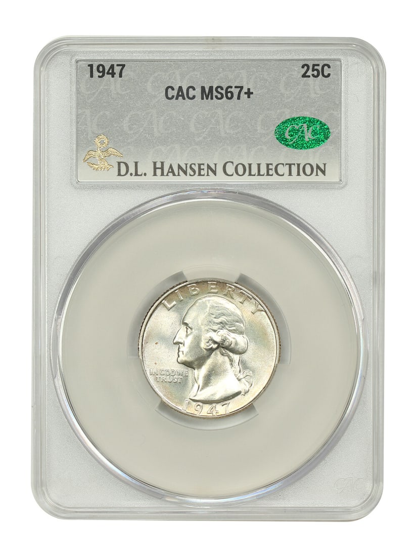 1947 Washington Quarter CACG MS67+ D.L. Hansen Certified Coin: 1947 Washington Quarter CACG MS67+ D.L. Hansen Certified Coin This 1947 Washington Quarter, certified by CACG with certification number 039734005, is a remarkable piece for collectors. It is graded MS