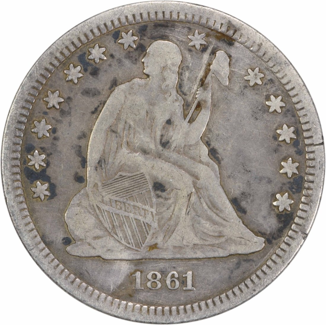 1861 Liberty Seated Silver Quarter 25C Uncertified VF Philadelphia Mint: 1861 Liberty Seated Silver Quarter 25C Uncertified VF Philadelphia Mint This 1861 Liberty Seated Silver Quarter is a remarkable piece of American numismatic history. Struck at the Philadelphia Mint, t