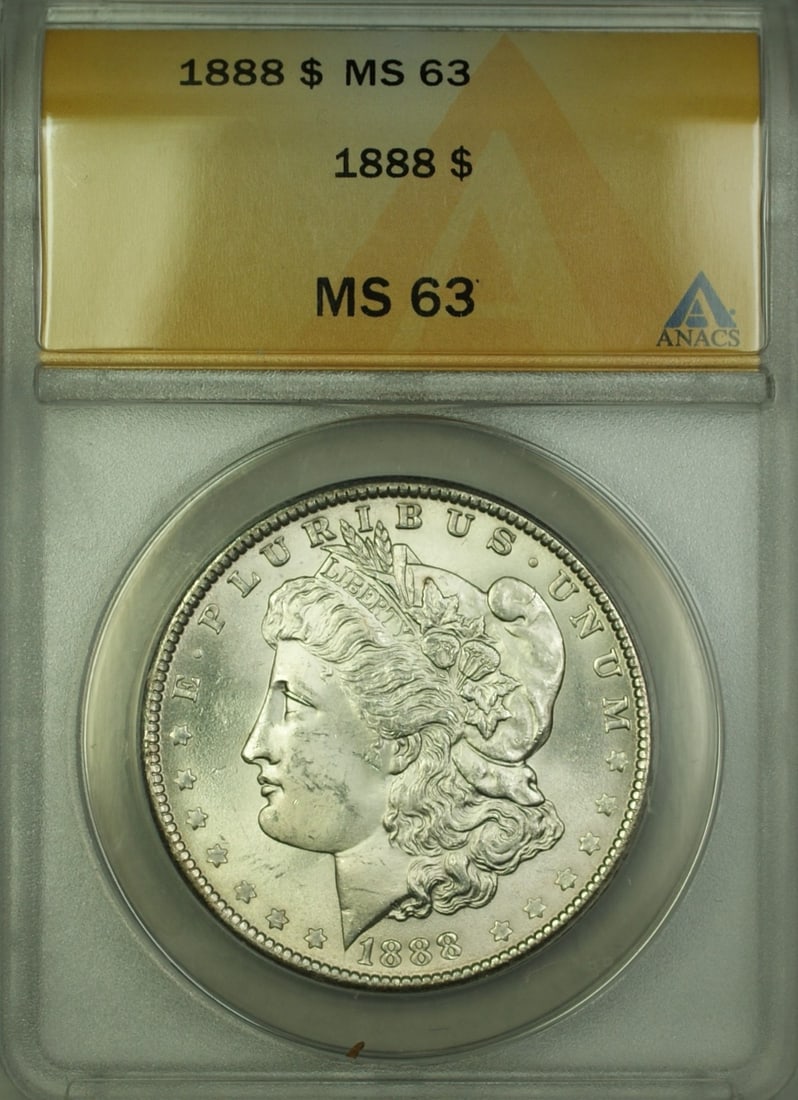 ANACS MS-63 Graded 1888 Morgan Dollar Silver Coin Philadelphia Mint: ANACS MS-63 Graded 1888 Morgan Dollar Silver Coin Philadelphia Mint This 1888 Morgan Silver Dollar features a $1 denomination and is certified by ANACS with a grade of MS-63. The coin originates from 