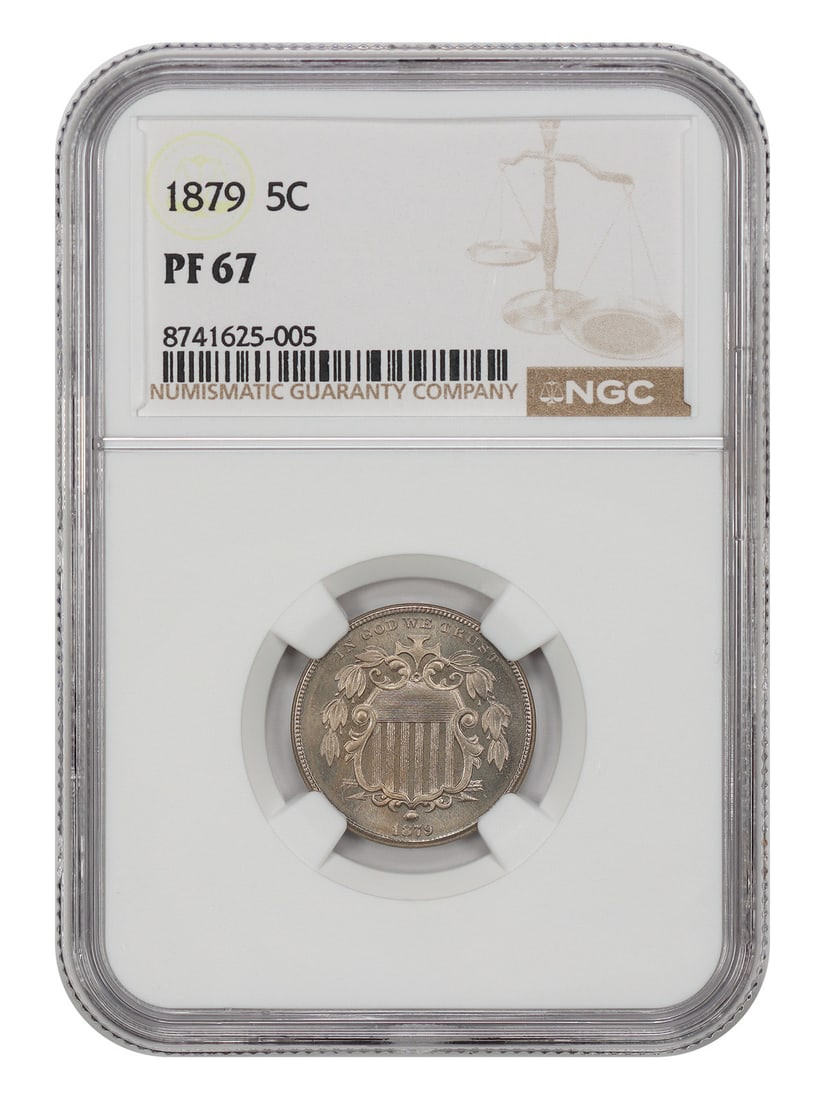 NGC Certified 1879 Proof Shield Nickel PR67 Philadelphia Five Cent Coin: NGC Certified 1879 Proof Shield Nickel PR67 Philadelphia Five Cent Coin This 1879 Shield Nickel is a proof type coin graded PR67 by NGC, indicating an uncirculated and exceptionally well-preserved con