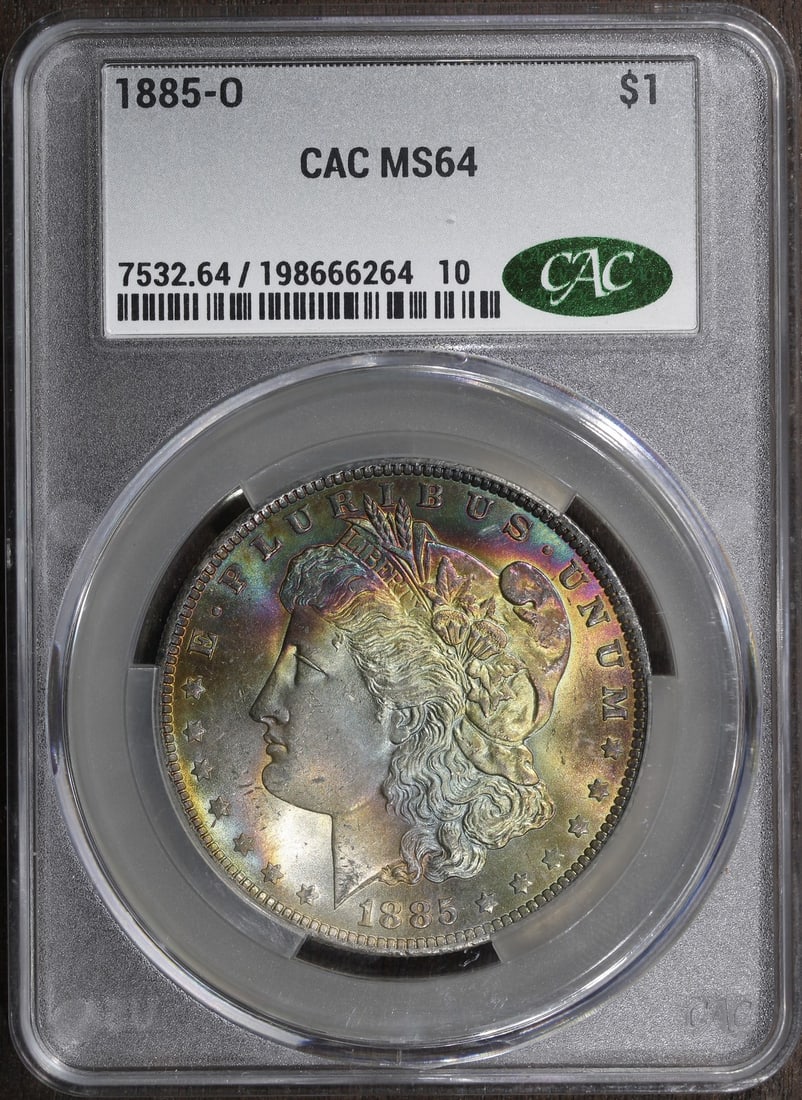 Morgan Dollar 1885-O Silver MS64 CAC Certified With Vibrant Rainbow Toning: Morgan Dollar 1885-O Silver MS64 CAC Certified With Vibrant Rainbow Toning This is an un-used 1885-O Morgan Silver Dollar graded MS64 by CAC. Minted in New Orleans, this coin is composed of 90% silver