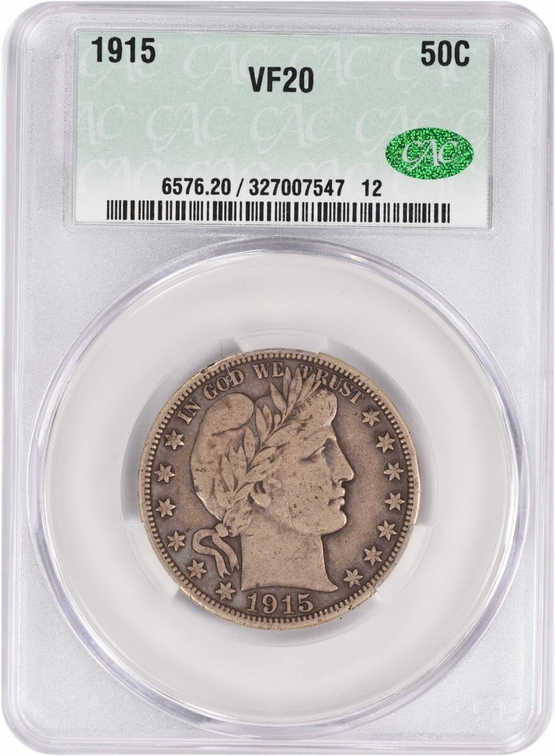 1915 CACG Certified Barber Half Dollar VF20 Philadelphia Mint Silver Coin: 1915 CACG Certified Barber Half Dollar VF20 Philadelphia Mint Silver Coin This 1915 Barber Half Dollar from the United States was minted in Philadelphia and graded VF20 by CACG. Designed by Charles E.