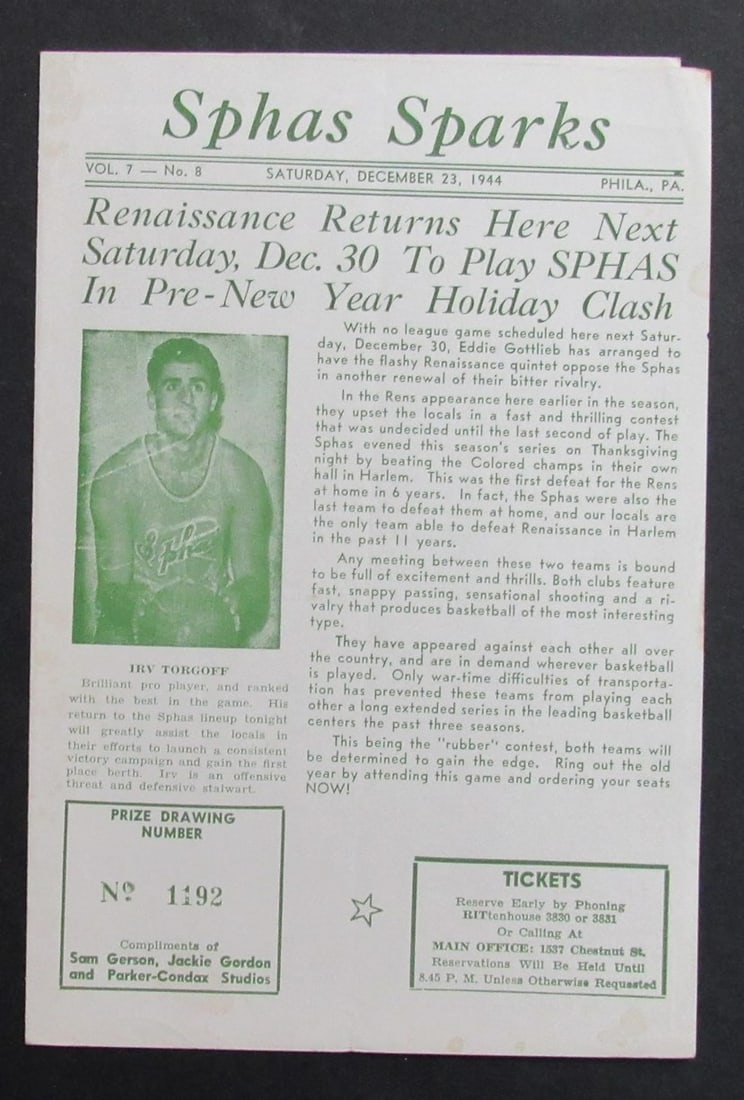 Basketball Program Philadelphia Sphas Sparks vs Washington Capitals 1944 ABL Original: Basketball Program Philadelphia Sphas Sparks vs Washington Capitals 1944 ABL Original This is an original 12/23/1944 ABL program featuring the Philadelphia Sphas Sparks vs. Washington Capitals, a rare