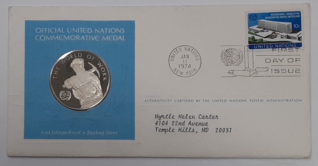 United Nations World of Work 1974 Silver Medal Postmasters of America (1 of 2)