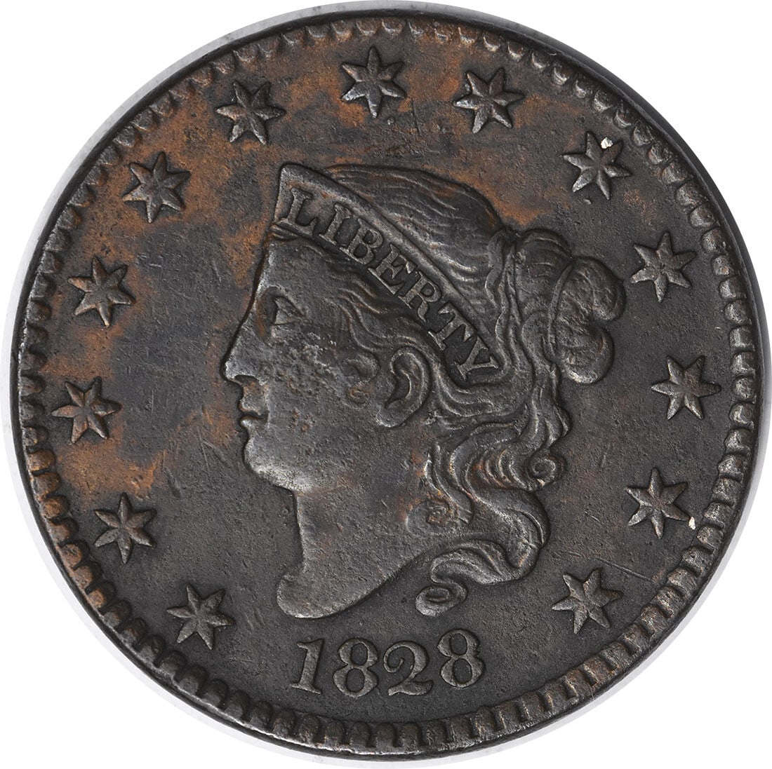 1828 Coronet Head Large Cent Copper Coin Uncertified Extremely Fine: 1828 Coronet Head Large Cent Copper Coin Uncertified Extremely Fine This 1828 Coronet Head Large Cent features a large date design and is composed of copper. The coin is circulated and uncertified, wi