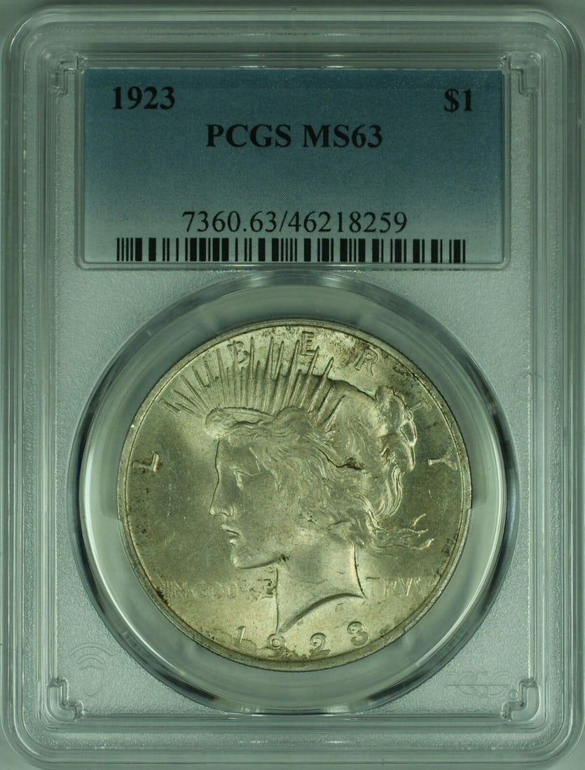 PCGS MS63 Certified 1923 Peace Dollar Philadelphia Mint Silver Coin: PCGS MS63 Certified 1923 Peace Dollar Philadelphia Mint Silver Coin This is a 1923 Peace Silver Dollar from the United States, graded MS-63 by PCGS. The coin is uncirculated and composed of 90% silver