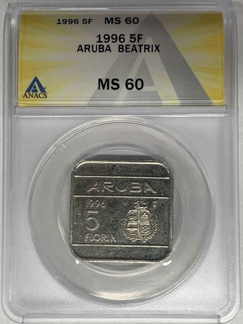 Aruba 1996 5 Florin Coin ANACS MS 60 Certified Uncirculated: Aruba 1996 5 Florin Coin ANACS MS 60 Certified Uncirculated This is a 1996 Aruba 5 Florin coin, graded as MS 60 by ANACS. The coin is uncirculated and has been certified for its quality. It is a pre-o