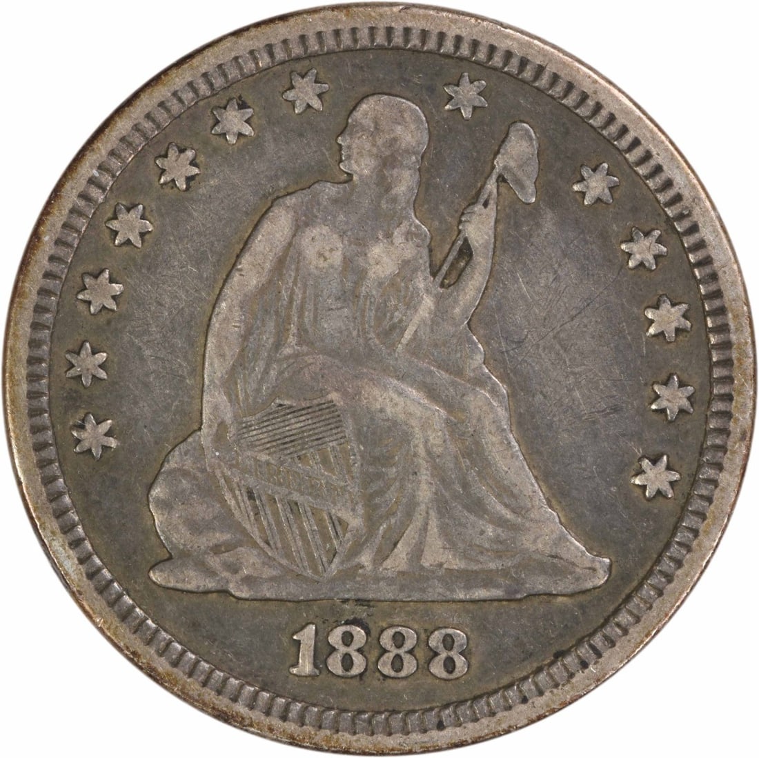 1888 Seated Liberty Quarter 90 Percent Silver Philadelphia VF Grade Uncertified: 1888 Seated Liberty Quarter 90 Percent Silver Philadelphia VF Grade Uncertified This 1888 Liberty Seated Silver Quarter is a circulated coin from the Philadelphia Mint, graded as Choice Very Fine (VF)