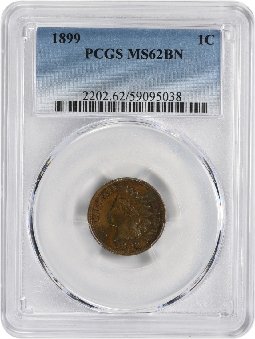 1899 Indian Head Cent MS62BN Graded by PCGS: 1899 Indian Head Cent MS62BN Graded by PCGS This 1899 Indian Head Cent is graded MS62BN by PCGS. Composed of copper, this small cent originates from the United States and features no mint mark. It is 