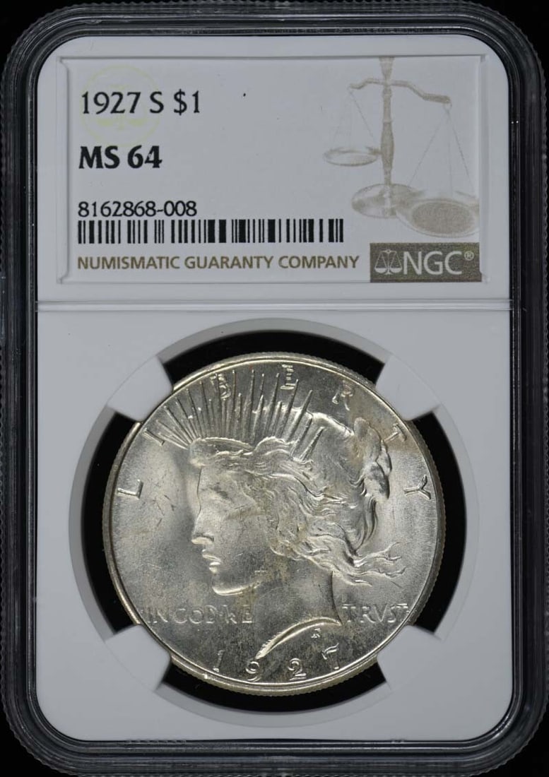 1927-S NGC MS64 Peace Dollar Uncirculated San Francisco Mint: 1927-S NGC MS64 Peace Dollar Uncirculated San Francisco Mint This 1927-S Peace Dollar, certified by NGC, is a stunning example of uncirculated coinage. Graded MS64, it showcases the remarkable detail 