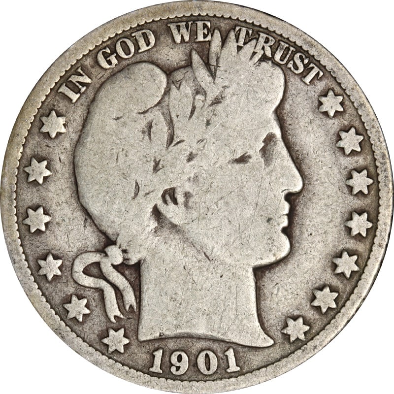 1901 New Orleans Mint Silver Barber Half Dollar United States Coin: 1901 New Orleans Mint Silver Barber Half Dollar United States Coin This 1901-O Barber Half Dollar is a circulated silver coin minted in New Orleans in 1901. It is composed of 90% silver and originates