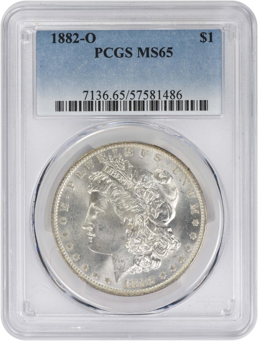 PCGS MS65 1882-O Dollar Morgan Series 90 Percent Silver Coin: PCGS MS65 1882-O Dollar Morgan Series 90 Percent Silver Coin This 1882-O Morgan Silver Dollar is graded MS65 by PCGS and remains uncirculated. Minted in New Orleans, the coin is composed of 90% silver