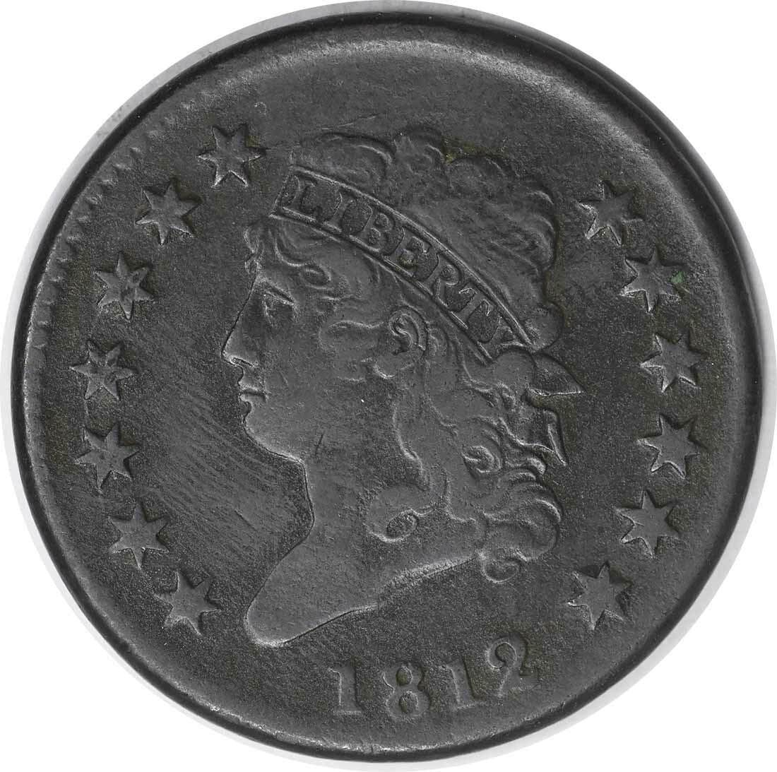 1812 Large Cent Classic Head Coin by John Reich: 1812 Large Cent Classic Head Coin by John Reich This 1812 Large Cent features a Classic Head design by John Reich, minted in Philadelphia. The coin is in Very Fine (VF) condition, indicating it has be