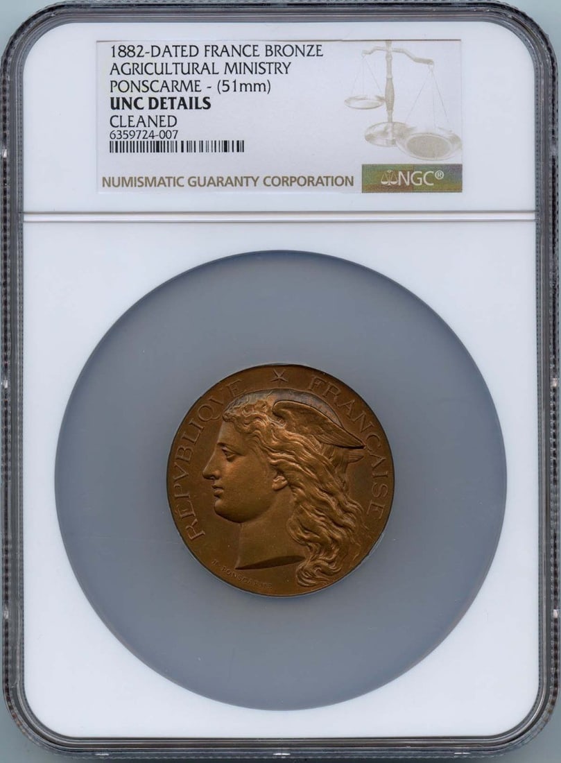 France 1882 Bronze Medal Ponscarme Agriculture 51mm NGC UNC Details: France 1882 Bronze Medal Ponscarme Agriculture 51mm NGC UNC Details This 1882 France bronze medal was issued by the Agricultural Ministry and designed by Ponscarme. It has a diameter of 51mm and has b