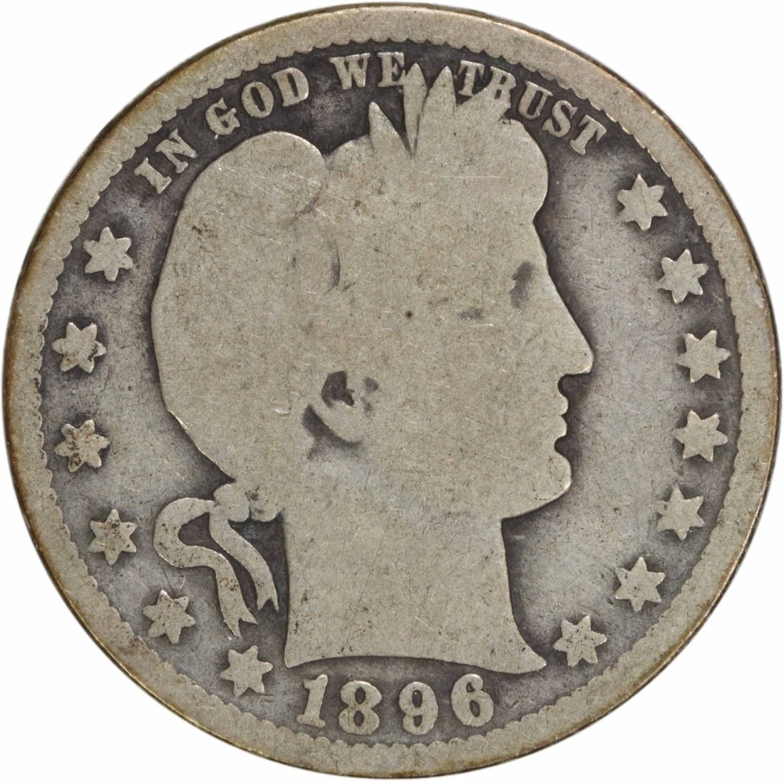 1896-O Barber Silver Quarter 25C G Uncertified Coin: 1896-O Barber Silver Quarter 25C G Uncertified Coin This 1896-O Barber Silver Quarter is a historical piece of numismatic artistry from the United States, featuring the timeless design by Charles E. B