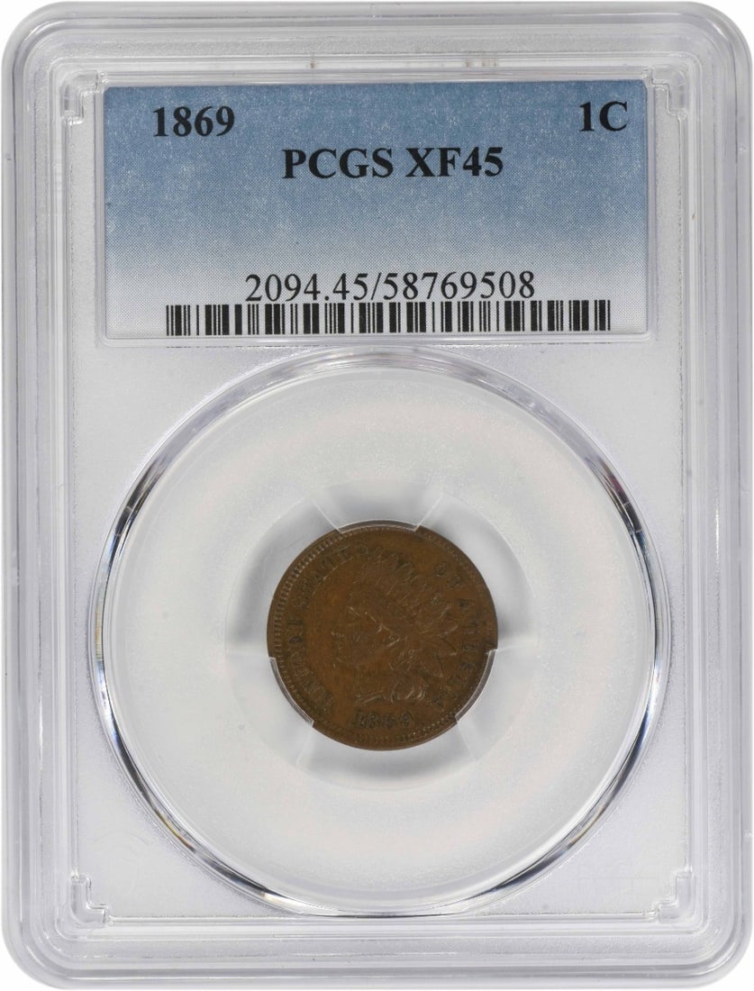 1869 Indian Head Cent Copper Coin PCGS EF45: 1869 Indian Head Cent Copper Coin PCGS EF45 This is an 1869 Indian Head Cent graded EF45 by PCGS. The coin is circulated and composed of copper. It features no mint mark and is classified as a small c