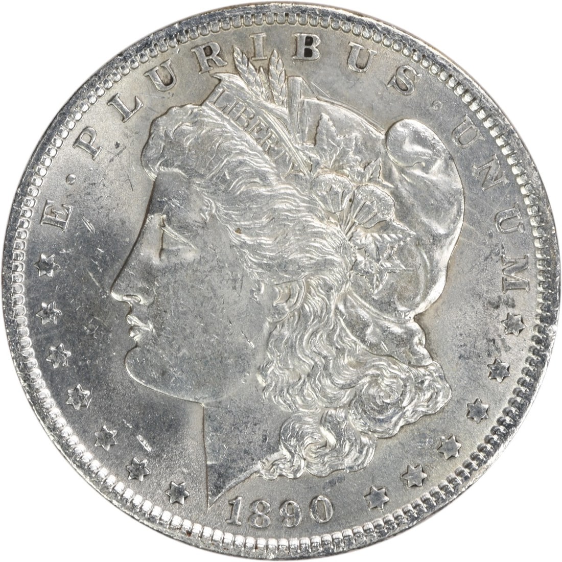1890 Silver Dollar Morgan BU Uncirculated No Mint Mark Uncertified: 1890 Silver Dollar Morgan BU Uncirculated No Mint Mark Uncertified This 1890 Morgan Silver Dollar is in brilliant uncirculated condition. Struck in silver, it features no mint mark and is uncertified.