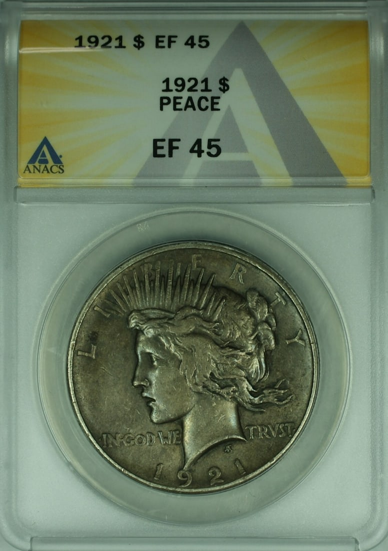 ANACS EF-45 1921 Peace Dollar Silver Coin from Philadelphia: ANACS EF-45 1921 Peace Dollar Silver Coin from Philadelphia This 1921 Peace Silver Dollar from the United States is graded EF-45 by ANACS and was minted in Philadelphia. It is a circulated coin compos
