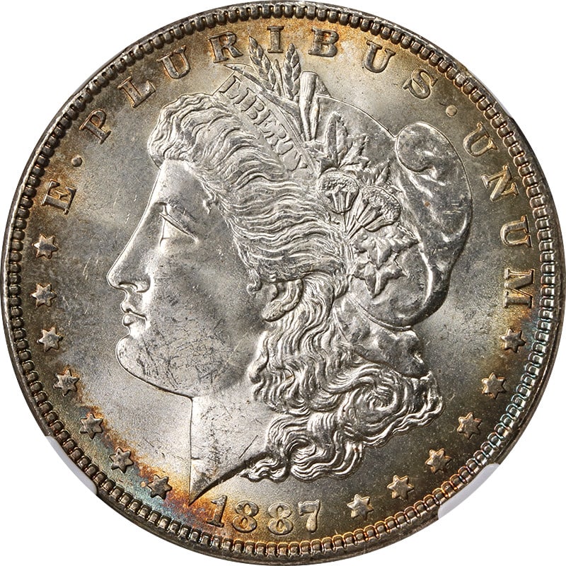 NGC Certified 1887 Philadelphia Morgan Dollar MS66 With Attractive Toning: NGC Certified 1887 Philadelphia Morgan Dollar MS66 With Attractive Toning This 1887-P Morgan Silver Dollar is graded MS66 by NGC, indicating a high-quality, uncirculated coin with attractive toning. M