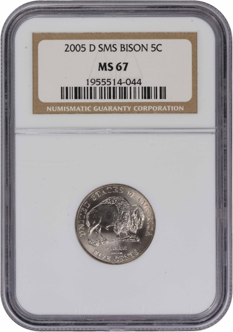 NGC MS67 2005 Denver Jefferson Bison Nickel SMS Uncirculated: NGC MS67 2005 Denver Jefferson Bison Nickel SMS Uncirculated This 2005-D SMS Jefferson Nickel Bison is graded MS67 by NGC. Featuring a composition of 75% copper and 25% nickel, this uncirculated coin 
