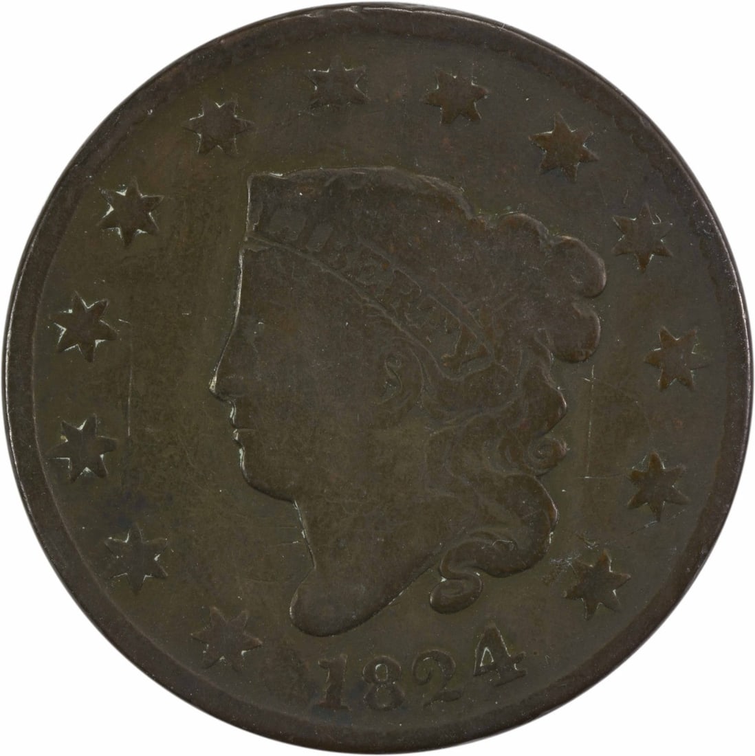 1824 Large Cent Coronet Head Copper Coin VG Uncertified: 1824 Large Cent Coronet Head Copper Coin VG Uncertified This 1824 Large Cent features the Coronet Head design by Robert Scot, showcasing a rich historical significance. The coin is in VG (Very Good) c
