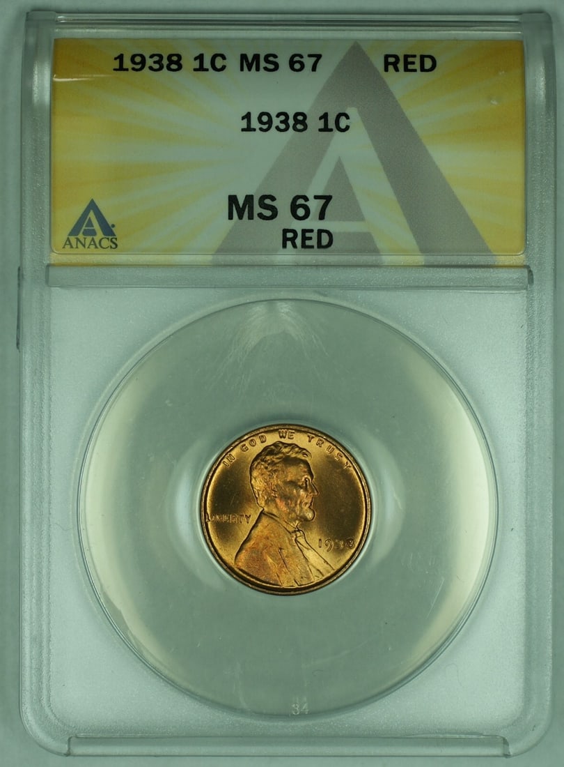 1938 Lincoln Wheat Cent Small Cent ANACS MS 67 RD Certified Coin: 1938 Lincoln Wheat Cent Small Cent ANACS MS 67 RD Certified Coin This is a 1938 Lincoln Wheat Cent 1C coin from the United States, certified by ANACS with a grade of MS 67 RD. The coin is uncirculated
