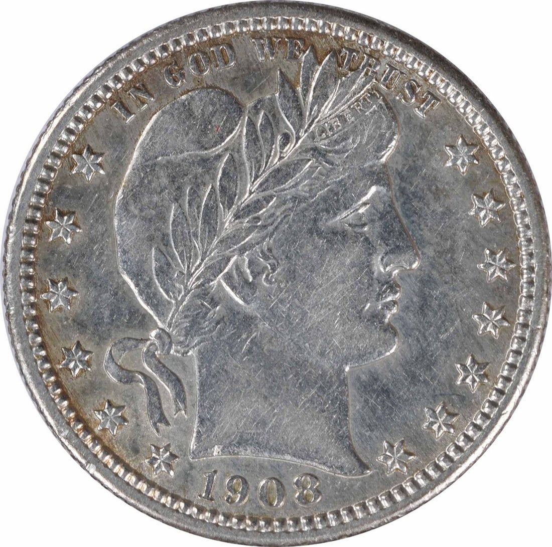 1908-D Barber Quarter 90% Silver AU Uncertified Denver Mint: 1908-D Barber Quarter 90% Silver AU Uncertified Denver Mint This 1908-D Barber Silver Quarter is a notable piece of American numismatic history. Struck in Denver, this coin features a design by Charle
