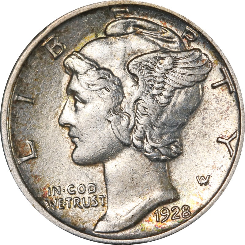 1928 San Francisco Silver Mercury Dime United States Coin: 1928 San Francisco Silver Mercury Dime United States Coin This 1928-S Mercury Dime is a circulated silver coin from the United States, minted in San Francisco. It features a composition with a finenes