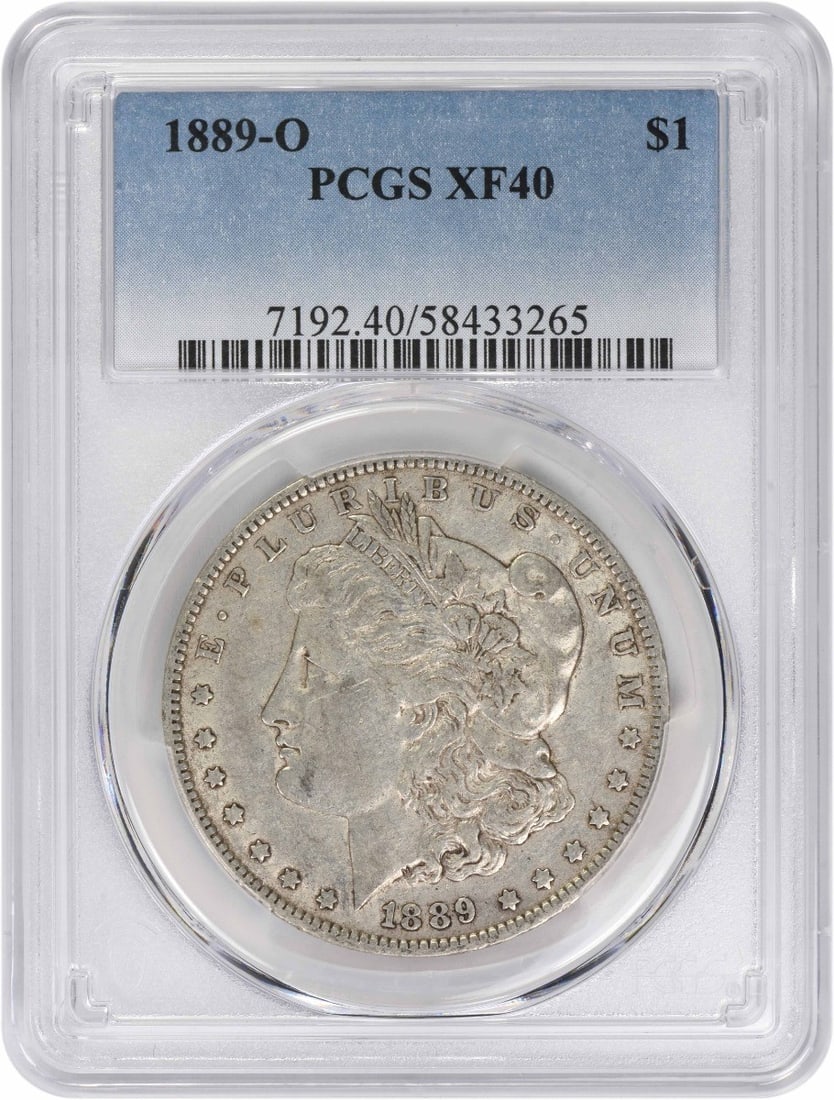 PCGS EF40 Graded 1889-O Morgan Dollar 90 Percent Silver New Orleans Mint: PCGS EF40 Graded 1889-O Morgan Dollar 90 Percent Silver New Orleans Mint This 1889-O Morgan Silver Dollar is graded EF40 by PCGS. Struck at the New Orleans Mint, it features a composition of 90% silve