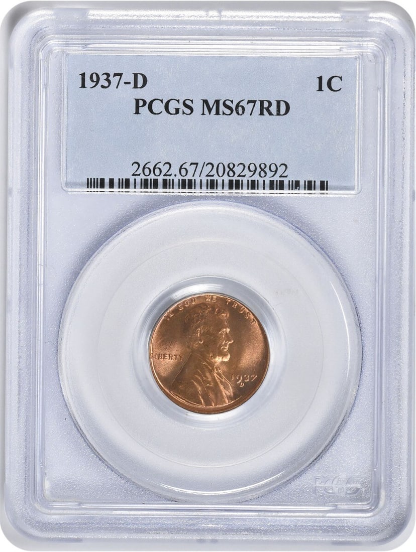 1937-D Lincoln Cent MS67RD PCGS Uncirculated Denver Mint: 1937-D Lincoln Cent MS67RD PCGS Uncirculated Denver Mint This 1937-D Lincoln Cent is graded MS67RD by PCGS, ensuring it is in uncirculated condition. Minted in Denver, this small cent features a compo