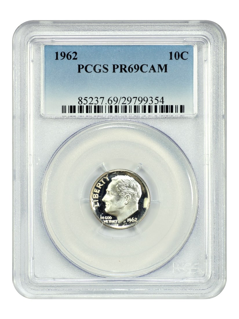 PCGS PR69CAM 1962 Roosevelt Dime Proof Philadelphia 10C Coin: PCGS PR69CAM 1962 Roosevelt Dime Proof Philadelphia 10C Coin This is a 1962 Roosevelt Dime graded PR69CAM by PCGS. The coin is uncirculated, features a proof strike with cameo designation, and was min