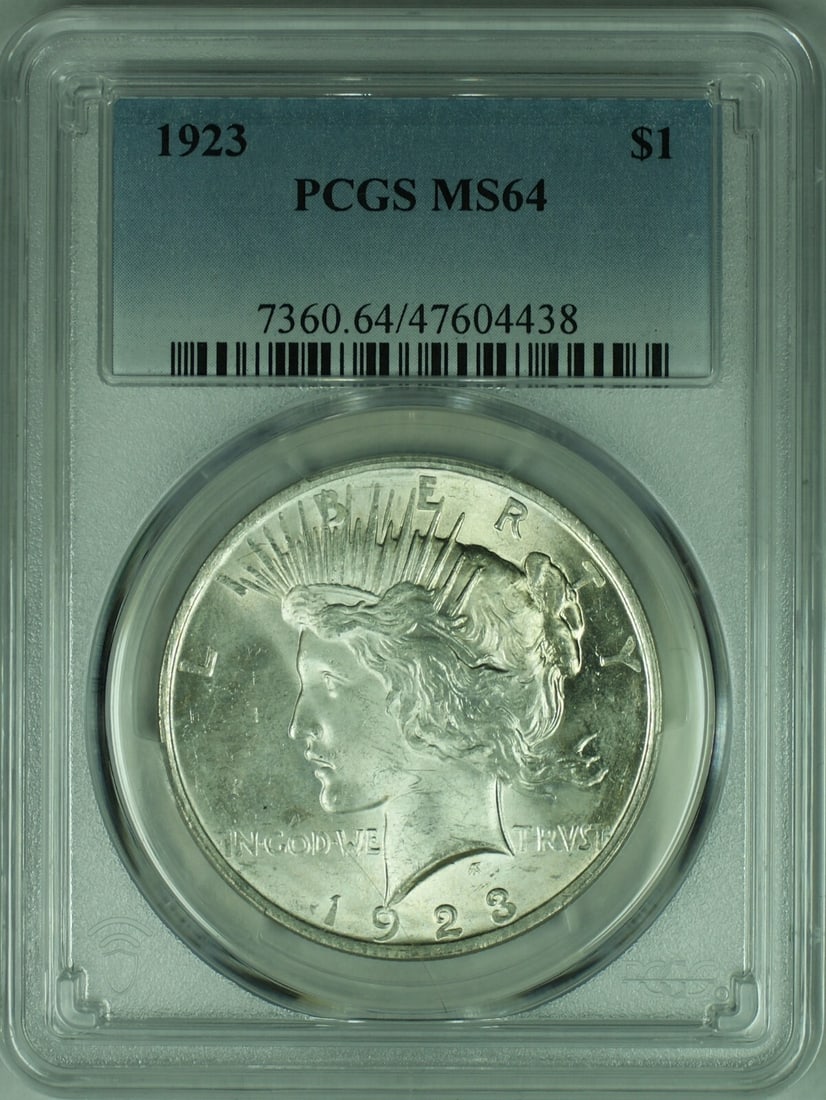 PCGS MS 64 1923 Peace Dollar Silver Coin United States $1: PCGS MS 64 1923 Peace Dollar Silver Coin United States $1 This is a 1923 Peace Silver Dollar $1 coin from the United States, certified by PCGS with a grade of MS 64. The coin is composed of silver and