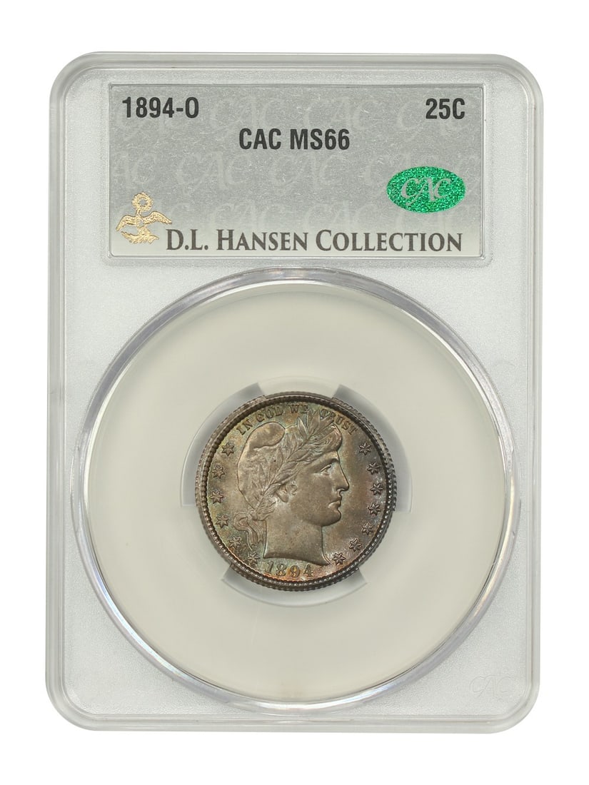 1894-O Barber Quarter CACG MS66 D.L. Hansen Provenance: 1894-O Barber Quarter CACG MS66 D.L. Hansen Provenance This 1894-O Barber Quarter is a stunning example certified by CACG with a grade of MS66. Featuring an overall dove grey finish, the obverse showc