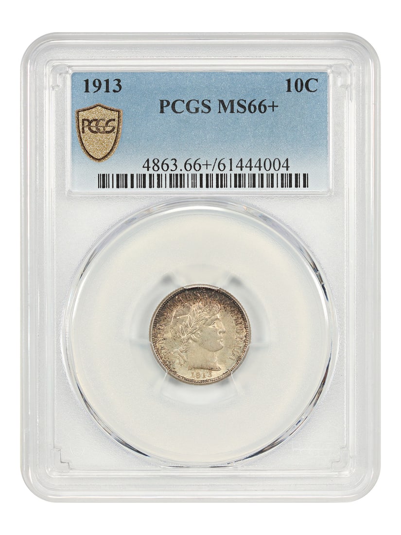 PCGS MS66 Plus 1913 Barber Dime Philadelphia Mint: PCGS MS66 Plus 1913 Barber Dime Philadelphia Mint This is a 1913 Barber Dime graded MS66+ by PCGS. The coin is uncirculated and features sharply defined details with a boldly lustrous finish. Both sid