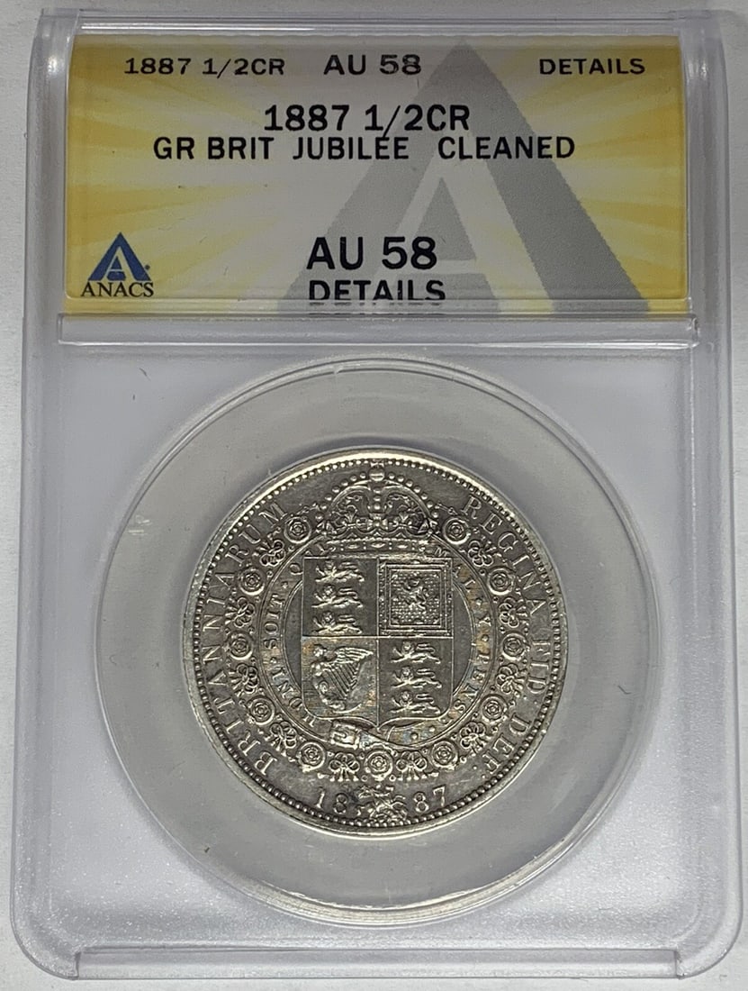 1887 United Kingdom Half Crown Coin ANACS AU 58 Cleaned: 1887 United Kingdom Half Crown Coin ANACS AU 58 Cleaned This 1887 Great Britain Half Crown coin is certified by ANACS with a grade of AU 58 Details and has undergone cleaning. It features the denomina