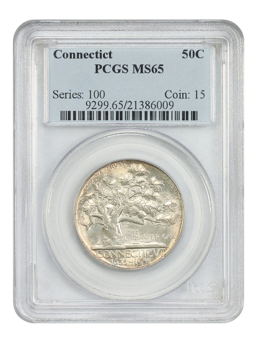 Connecticut 1935 Half Dollar Silver Commemorative PCGS MS65 Certified Coin: Connecticut 1935 Half Dollar Silver Commemorative PCGS MS65 Certified Coin This 1935 Connecticut 50-cent piece is a classic silver commemorative coin, graded MS65 by PCGS. Issued to commemorate the 30