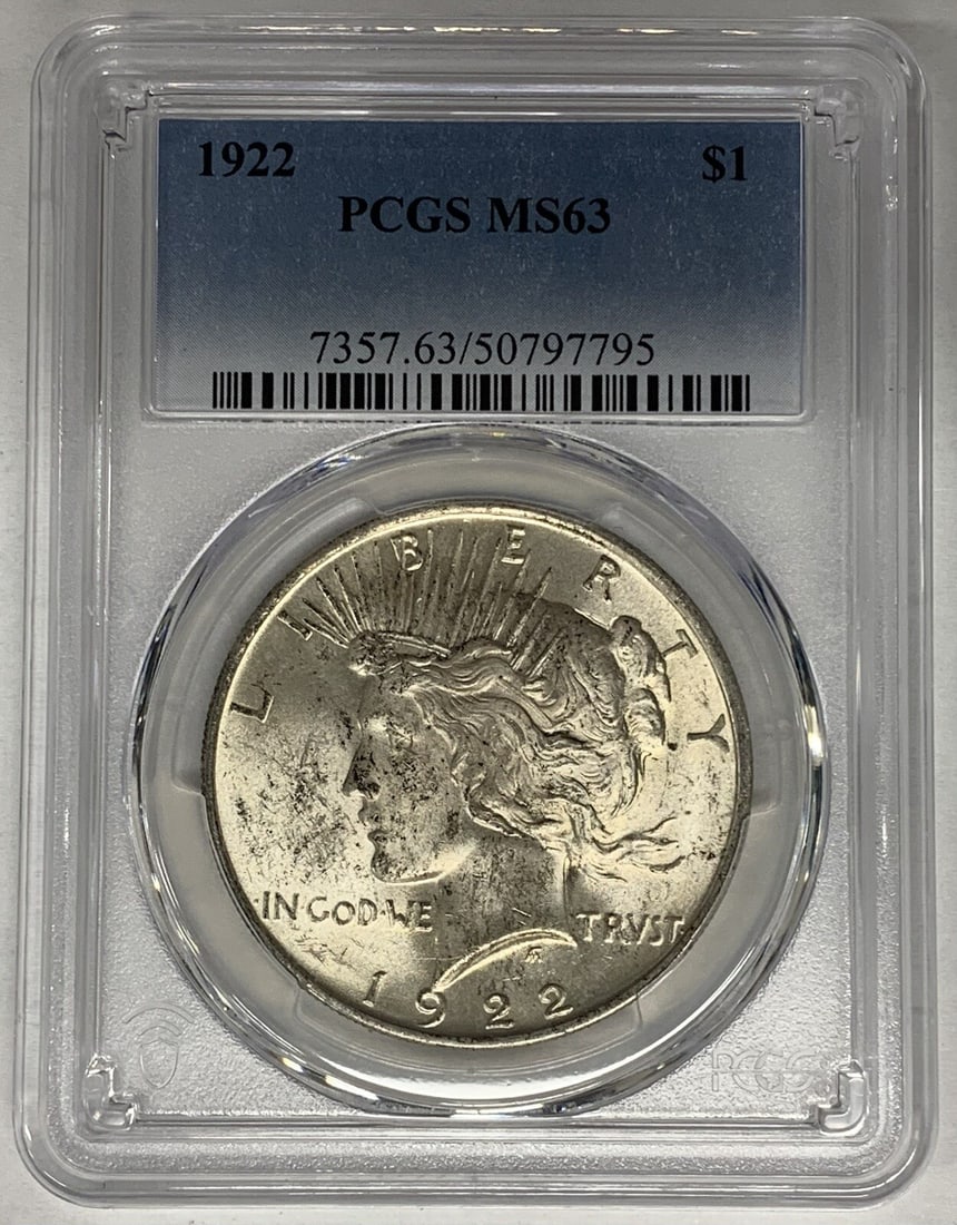 PCGS MS 63 1922 Peace Dollar Silver Coin Certified by PCGS: PCGS MS 63 1922 Peace Dollar Silver Coin Certified by PCGS This 1922 Peace Silver Dollar coin is certified by PCGS with a grade of MS 63. It features an uncirculated condition and is composed of silve