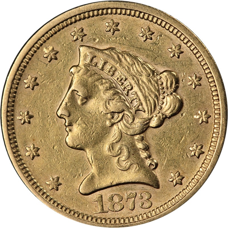 1873 Philadelphia Liberty Gold Quarter Eagle Closed 3 About Uncirculated: 1873 Philadelphia Liberty Gold Quarter Eagle Closed 3 About Uncirculated This 1873-P Liberty Gold $2.50 coin features the Closed '3' variety, offering attractive eye appeal with notable luster, color,