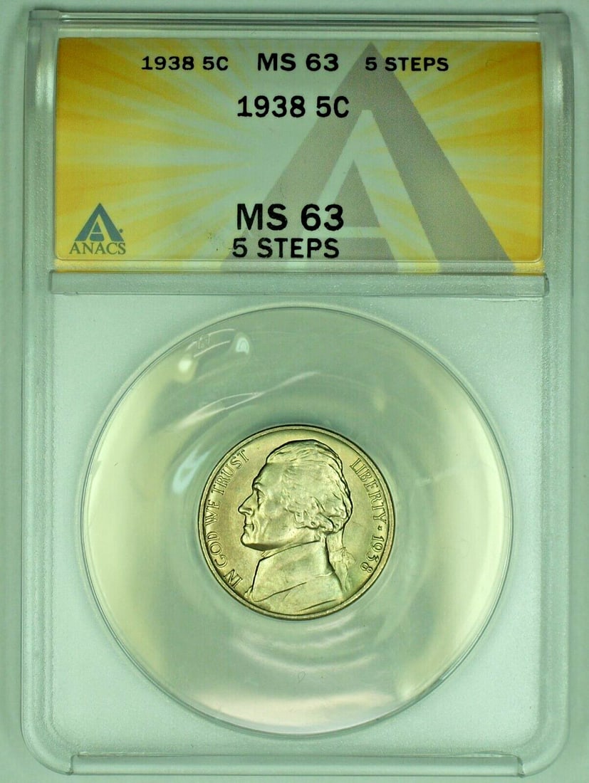 ANACS MS63 1938 Jefferson Nickel Five Cent Coin With 5 Steps: ANACS MS63 1938 Jefferson Nickel Five Cent Coin With 5 Steps This is a 1938 Jefferson Nickel with a denomination of 5 cents, certified by ANACS with a grade of MS 63 and featuring the 5 Steps detail. 
