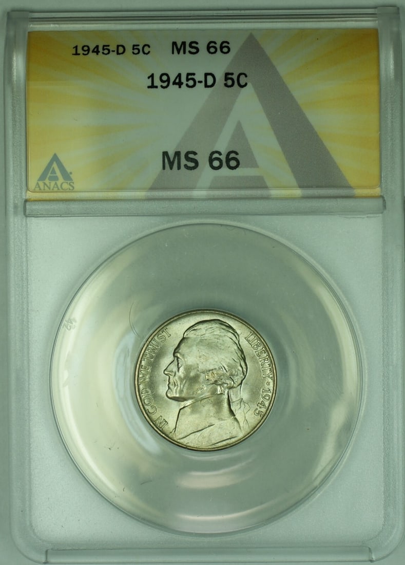 Jefferson 1945-D Silver 5C Nickel ANACS MS 66 Certified Coin: Jefferson 1945-D Silver 5C Nickel ANACS MS 66 Certified Coin This 1945-D Jefferson Silver Nickel is an uncirculated 5-cent coin from the United States, featuring a silver composition. Graded MS 66 by 