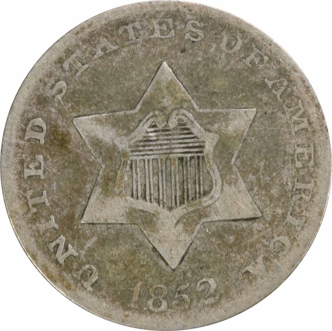 1852 Three Cent Silver Coin Uncertified F Minted in Philadelphia: 1852 Three Cent Silver Coin Uncertified F Minted in Philadelphia This 1852 Three Cent Silver coin, minted in Philadelphia, features a grade of Fine (F) and is part of a significant mintage of 18,663,5